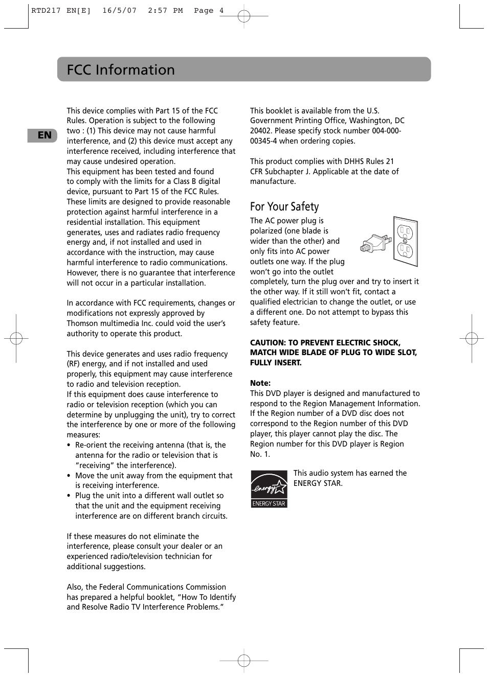 Fcc information, For your safety | RCA RTD217 User Manual | Page 2 / 33