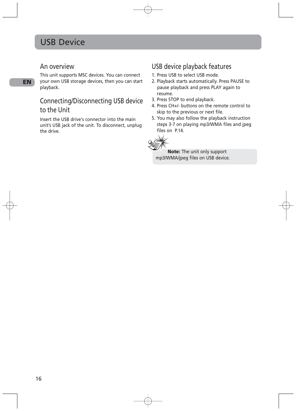 Usb device, An overview, Connecting/disconnecting usb device to the unit | Usb device playback features | RCA RTD217 User Manual | Page 20 / 33