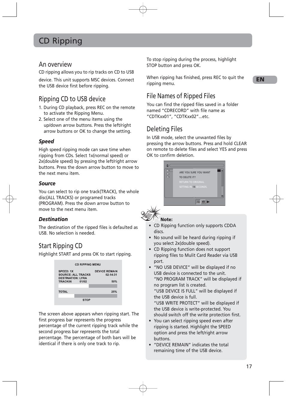 Cd ripping, An overview, Ripping cd to usb device | Start ripping cd, File names of ripped files, Deleting files | RCA RTD217 User Manual | Page 21 / 33