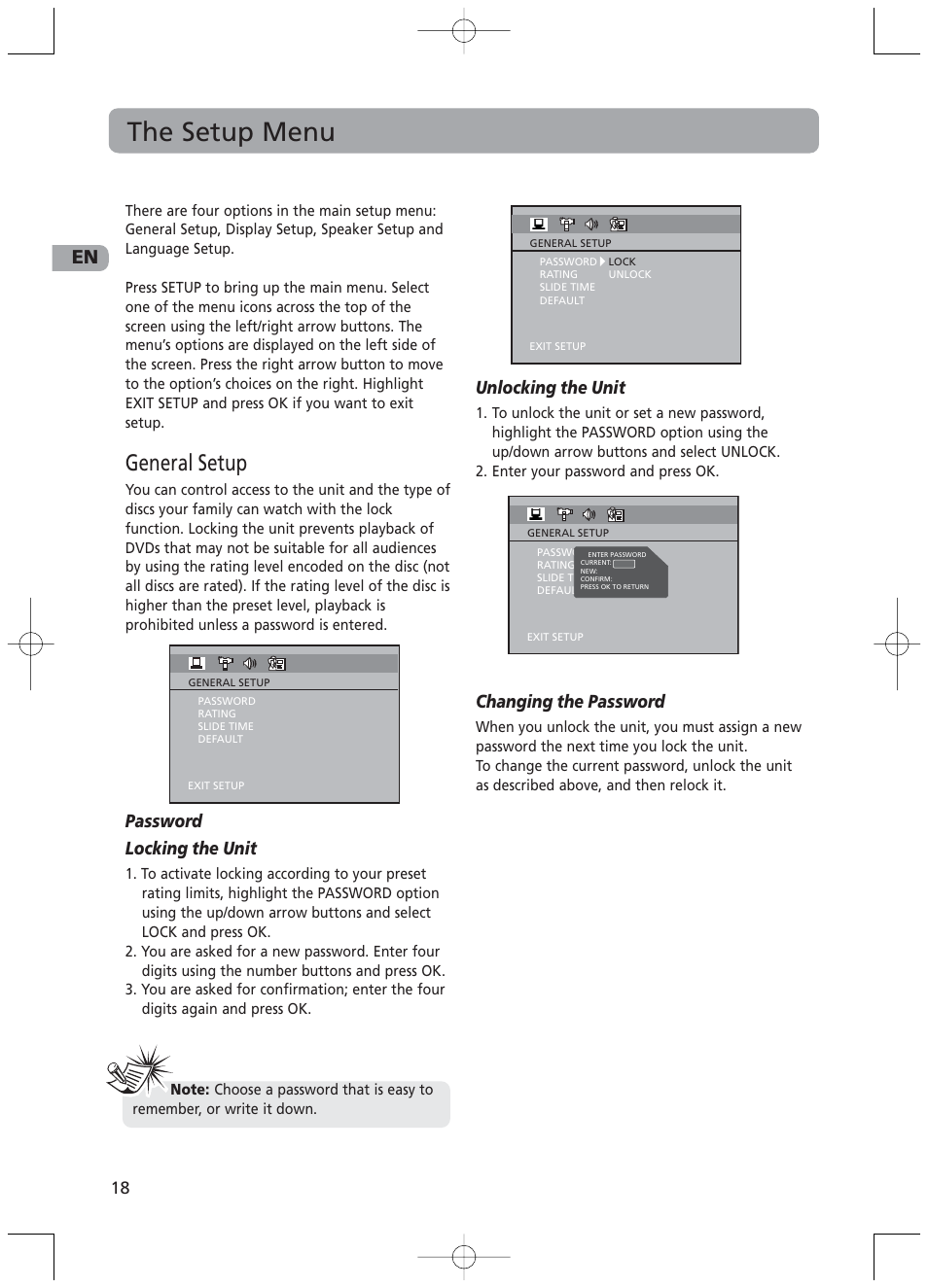 The setup menu, General setup, Password locking the unit | Unlocking the unit, Changing the password | RCA RTD217 User Manual | Page 22 / 33