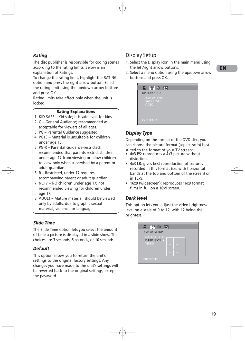 Display setup, Rating, Slide time | Default, Display type, Dark level | RCA RTD217 User Manual | Page 23 / 33