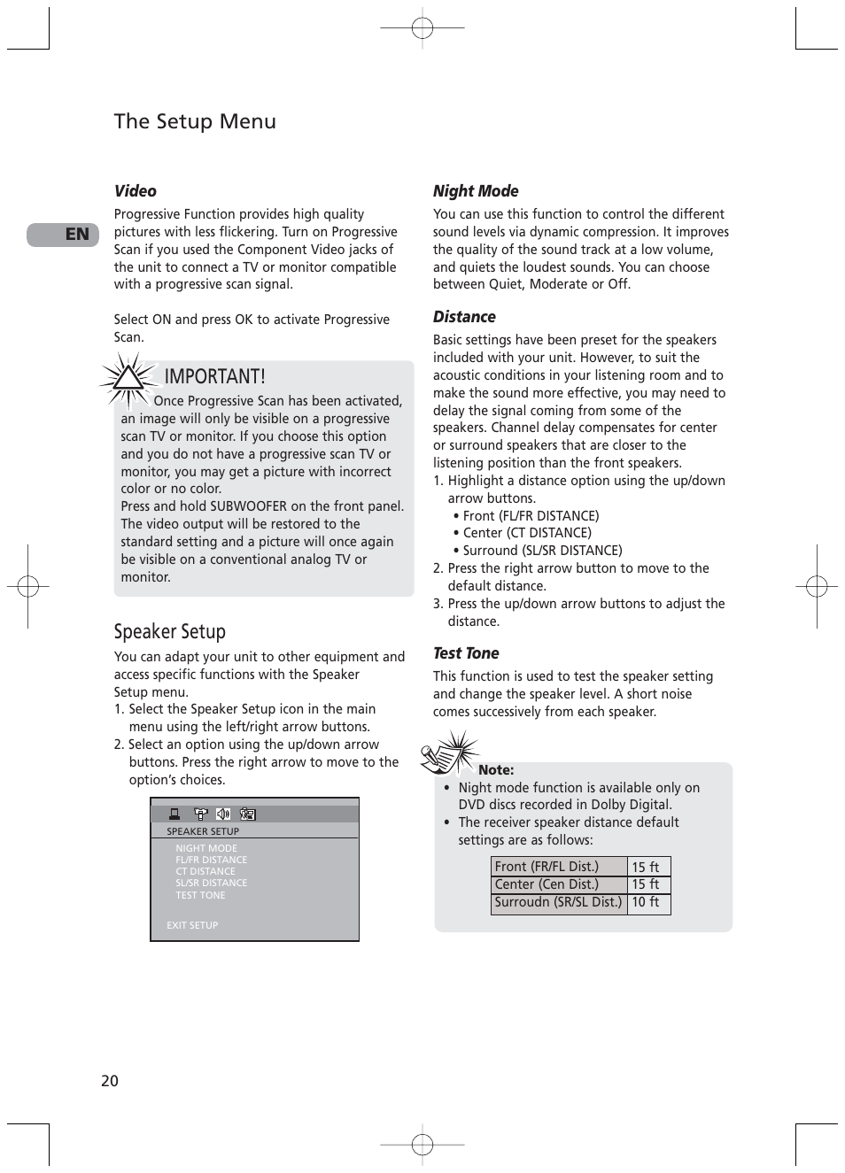 Speaker setup, The setup menu, Important | RCA RTD217 User Manual | Page 24 / 33