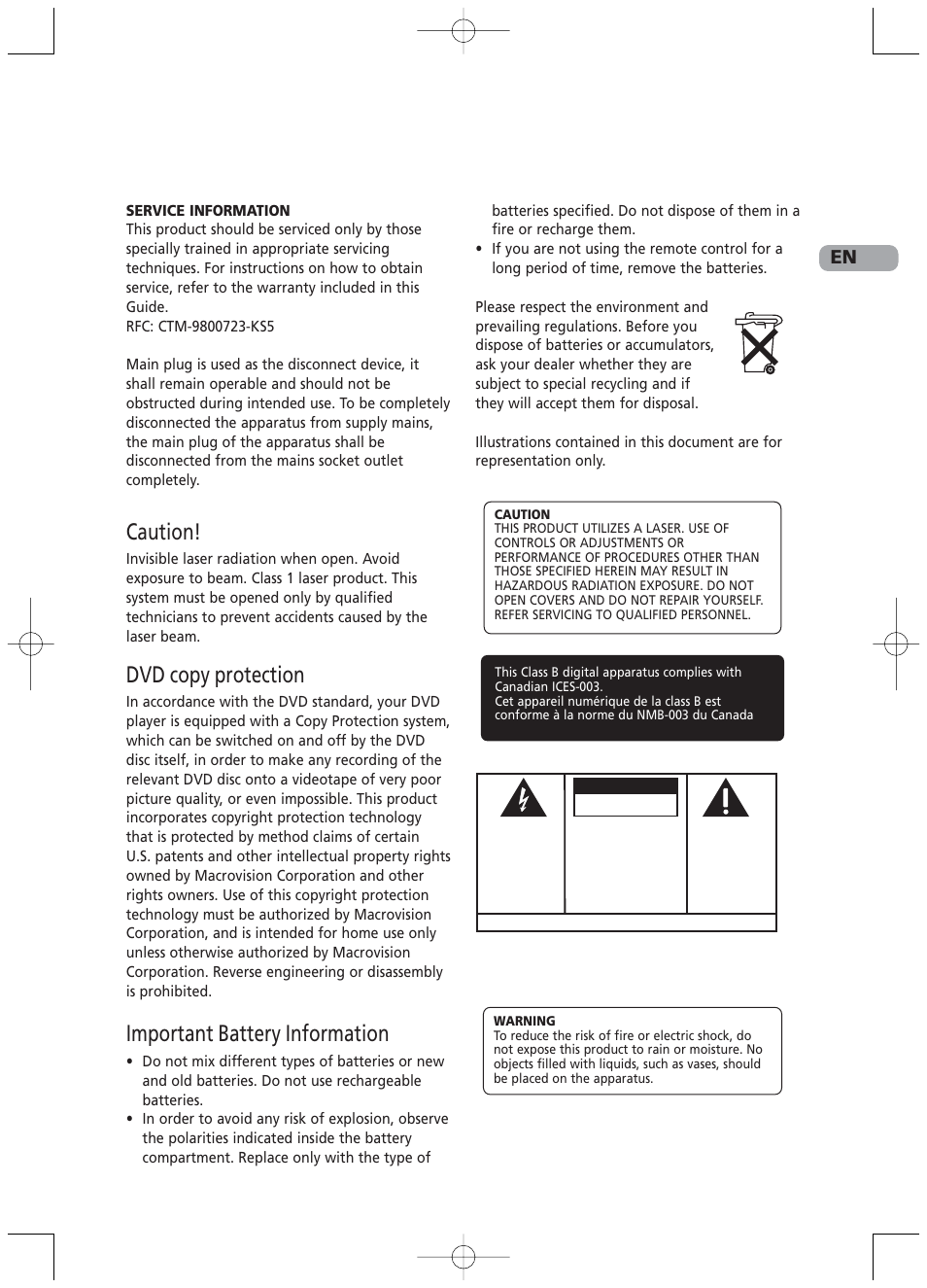 Caution, Dvd copy protection, Important battery information | RCA RTD217 User Manual | Page 3 / 33