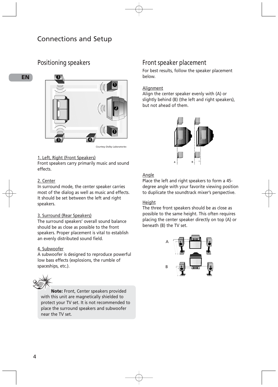 Positioning speakers, Front speaker placement, Connections and setup | RCA RTD217 User Manual | Page 8 / 33