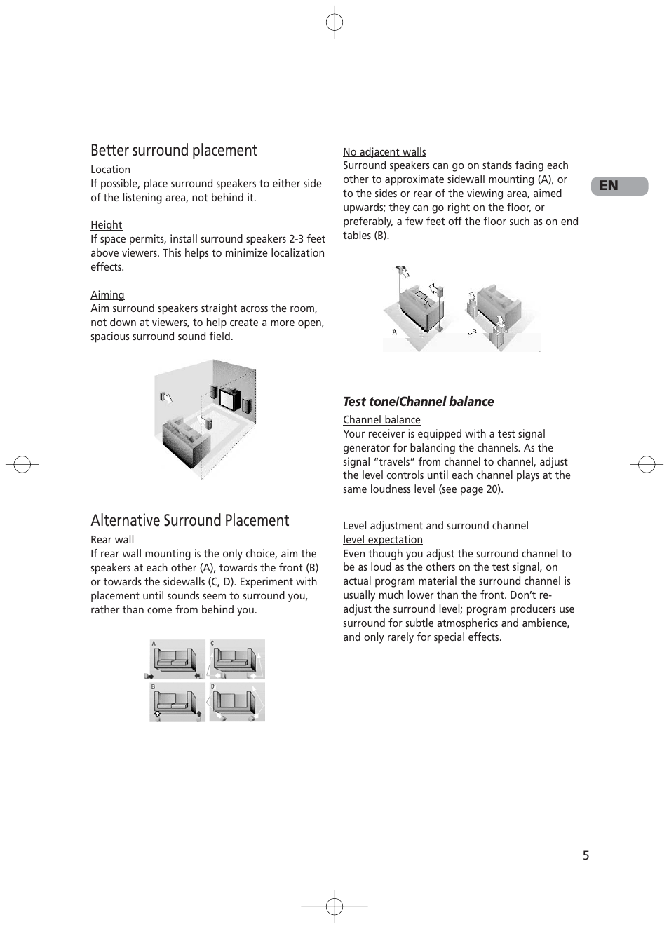 Better surround placement, Alternative surround placement | RCA RTD217 User Manual | Page 9 / 33