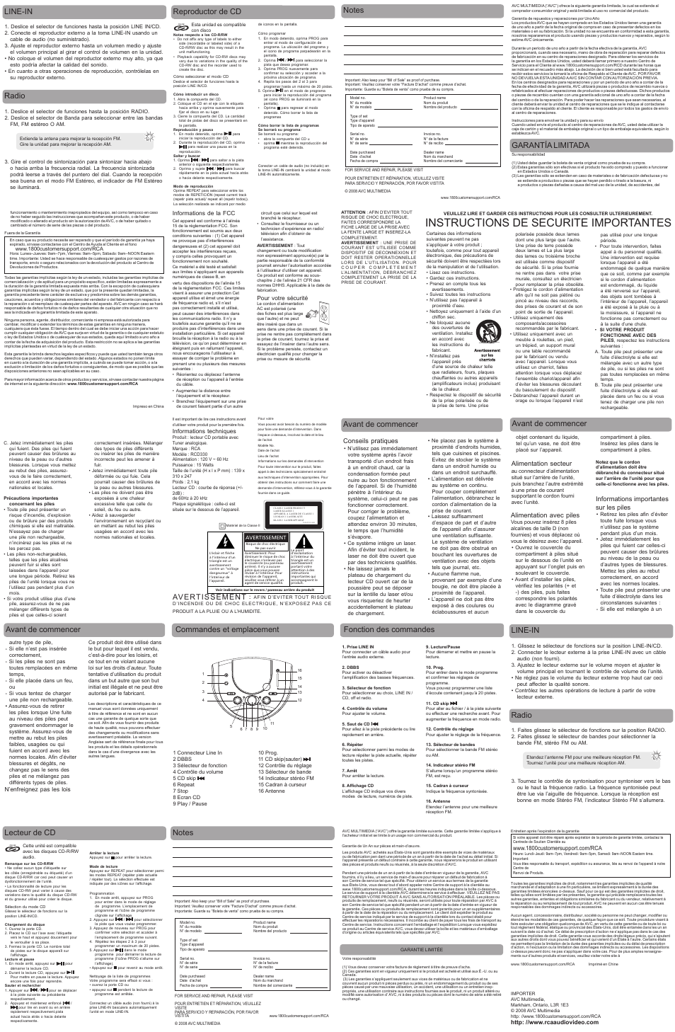 Instructions de securite importantes, Caution, Garantía limitada | Avant de commencer, Avant de commencer line-in radio, Reproductor de cd, Line-in radio, Lecteur de cd, Avertissement | RCA RCD330 User Manual | Page 2 / 2