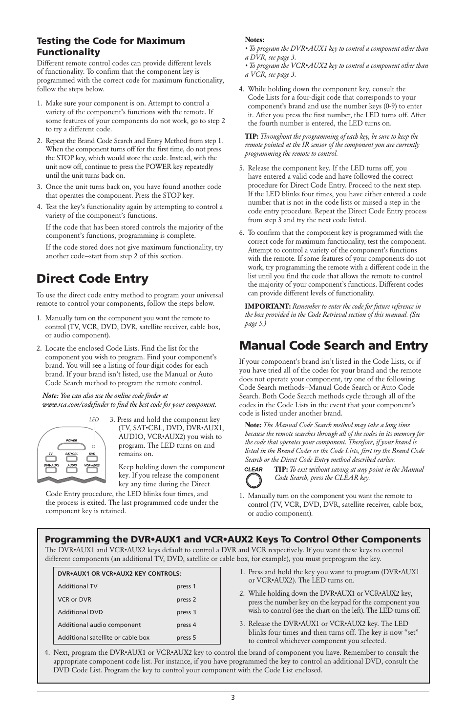 Direct code entry, Manual code search and entry, Testing the code for maximum functionality | RCA RCR6373 User Manual | Page 3 / 6