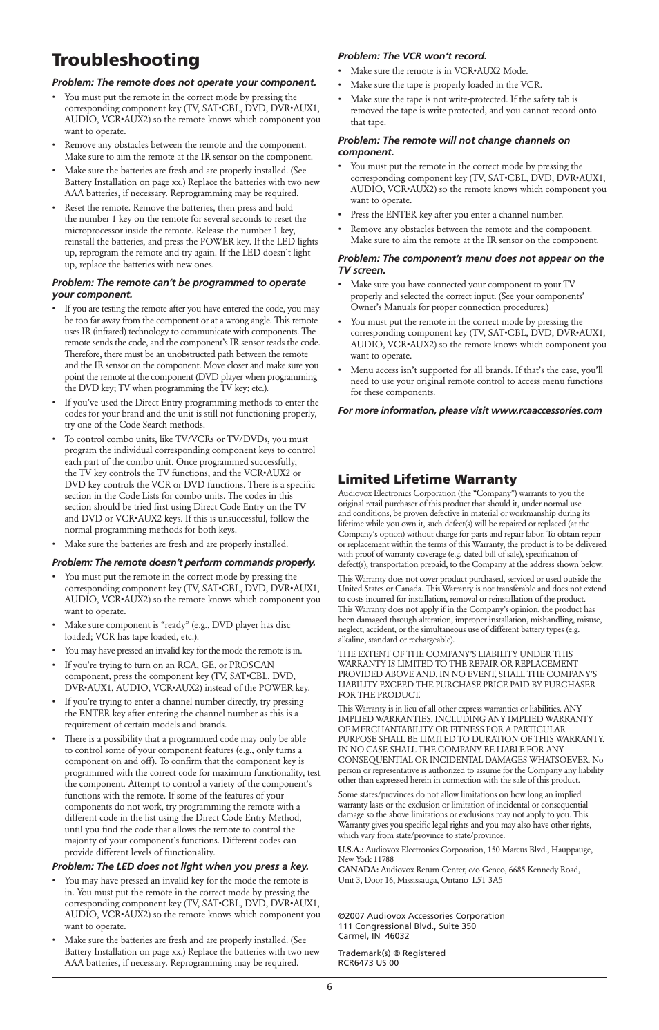 Troubleshooting, Limited lifetime warranty | RCA RCR6373 User Manual | Page 6 / 6