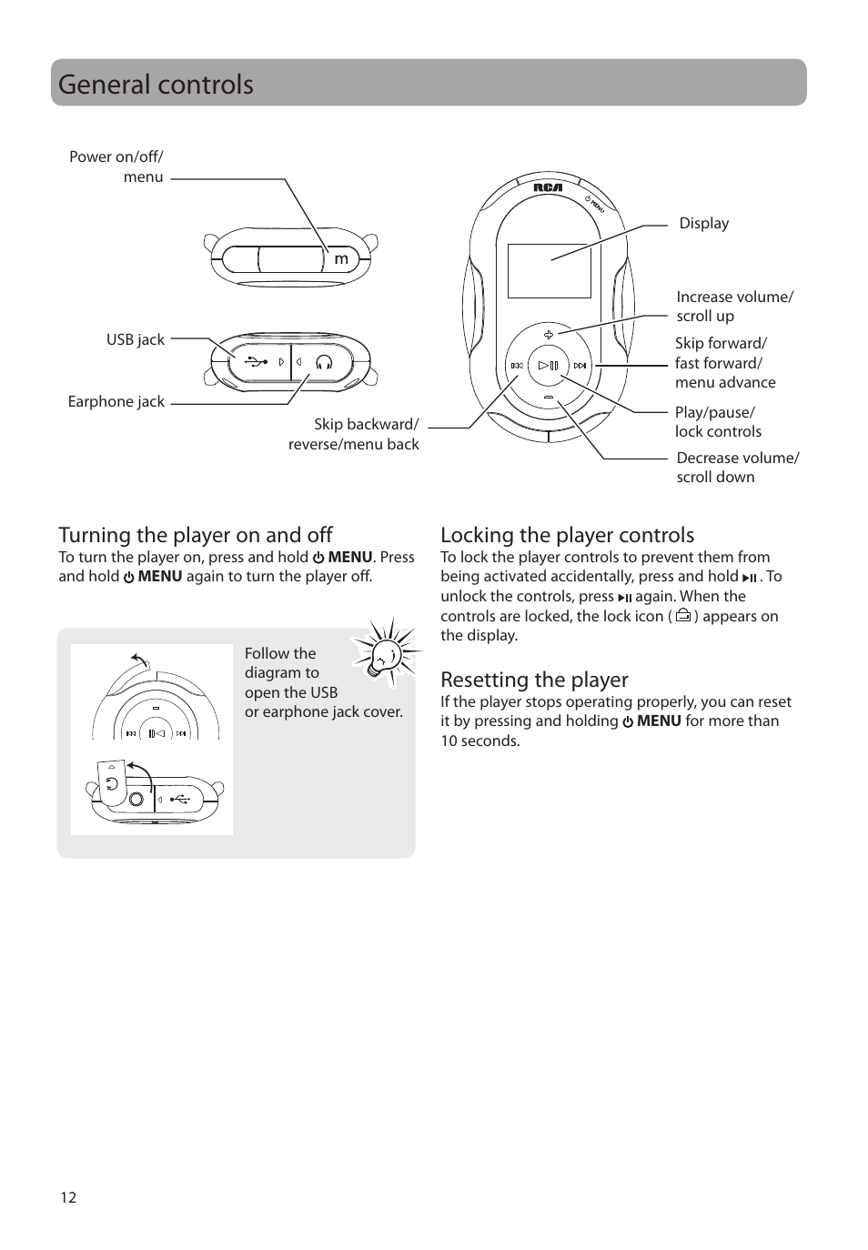 General controls, Turning the player on and off, Locking the player controls | Resetting the player | RCA SC2104  EU User Manual | Page 12 / 87