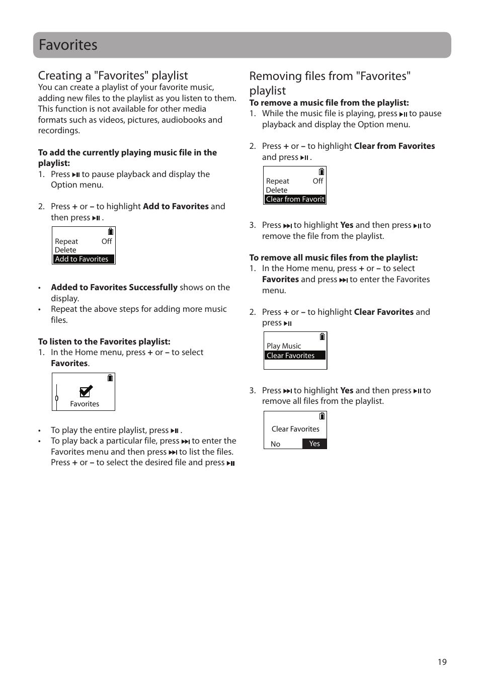 Favorites, Creating a "favorites" playlist, Removing files from "favorites" playlist | RCA SC2104  EU User Manual | Page 19 / 87