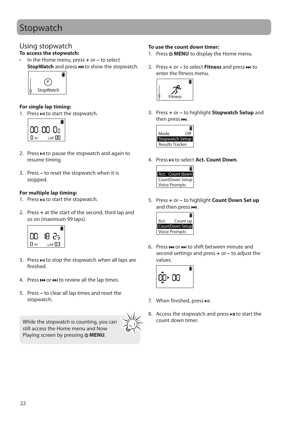 Stopwatch, Using stopwatch | RCA SC2104  EU User Manual | Page 22 / 87