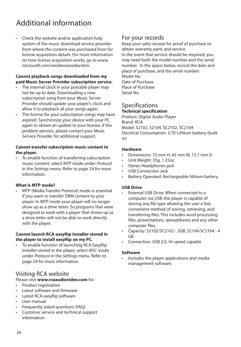 Visiting rca website, For your records, Specifications | Additional information | RCA SC2104  EU User Manual | Page 26 / 87