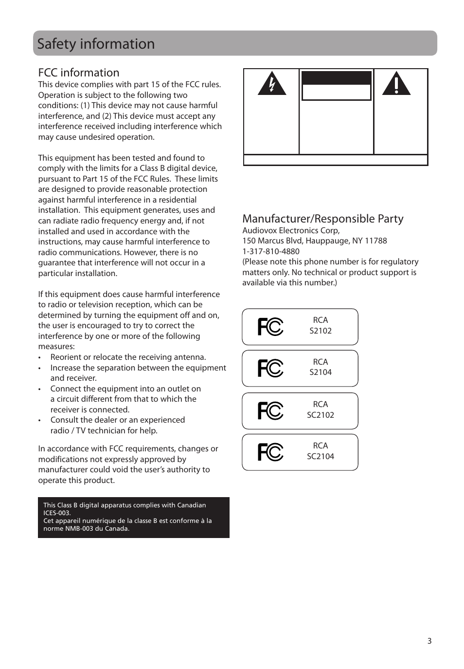 Safety information, Fcc information, Manufacturer/responsible party | Caution, Warning | RCA SC2104  EU User Manual | Page 3 / 87