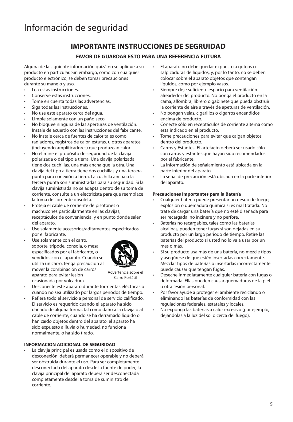 Importante instrucciones de segruidad, Información de seguridad | RCA SC2104  EU User Manual | Page 34 / 87