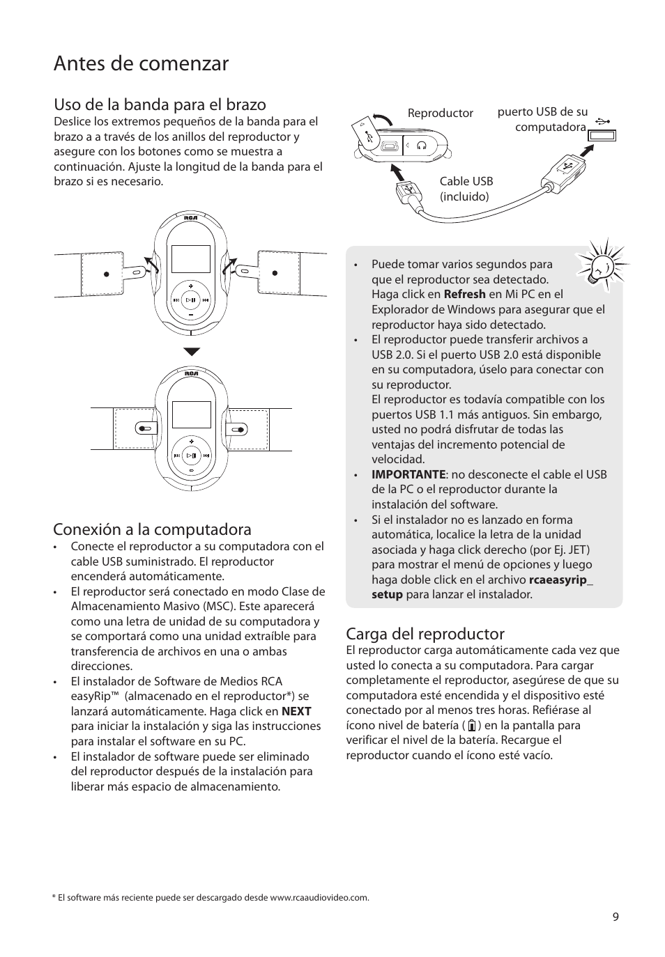 Uso de la banda para el brazo, Conexión a la computadora, Carga del reproductor | Antes de comenzar | RCA SC2104  EU User Manual | Page 38 / 87