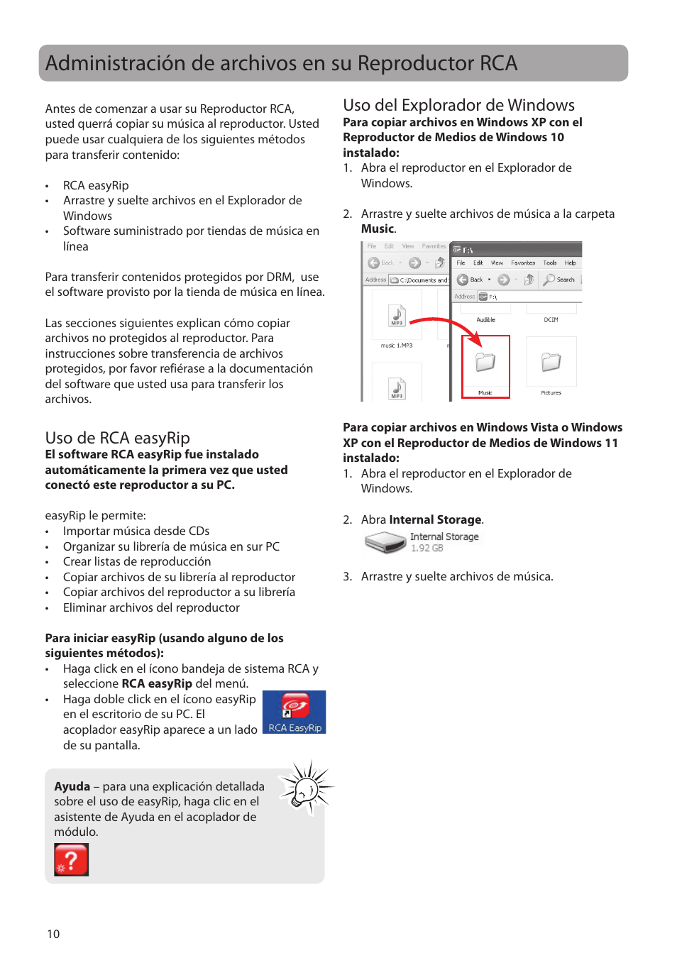 Administración de archivos en su reproductor rca, Uso de rca easyrip, Uso del explorador de windows | RCA SC2104  EU User Manual | Page 39 / 87