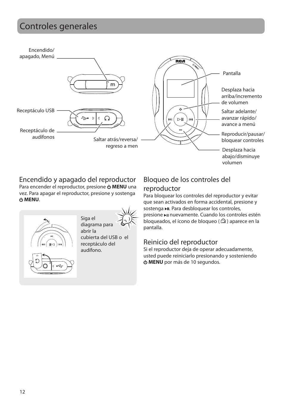 Controles generales, Encendido y apagado del reproductor, Bloqueo de los controles del reproductor | Reinicio del reproductor | RCA SC2104  EU User Manual | Page 41 / 87