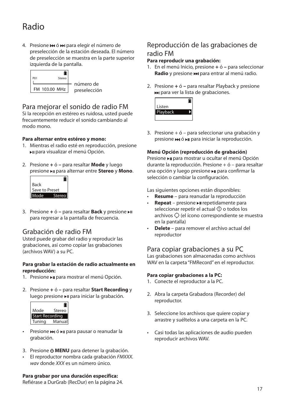 Para mejorar el sonido de radio fm, Grabación de radio fm, Reproducción de las grabaciones de radio fm | Para copiar grabaciones a su pc, Radio | RCA SC2104  EU User Manual | Page 46 / 87