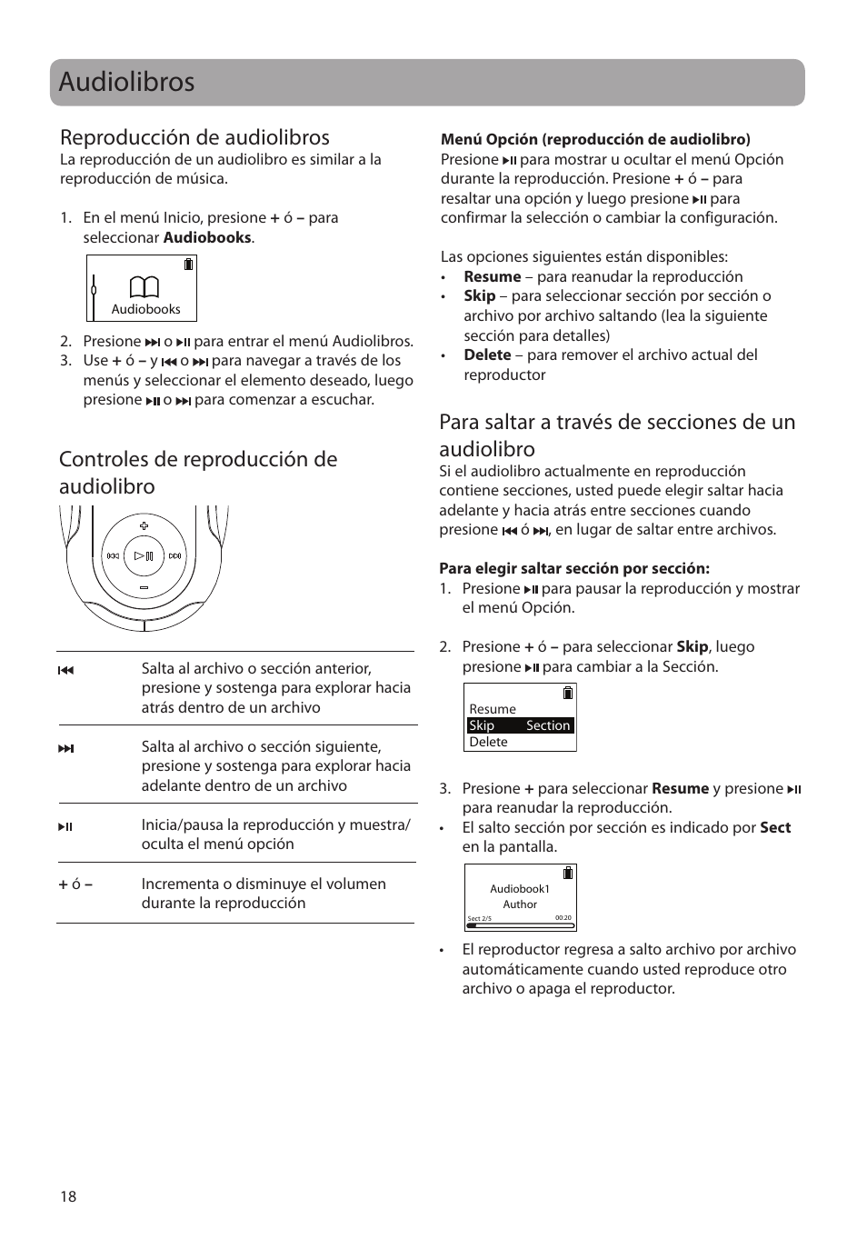 Audiolibros, Reproducción de audiolibros, Controles de reproducción de audiolibro | Para saltar a través de secciones de un audiolibro | RCA SC2104  EU User Manual | Page 47 / 87