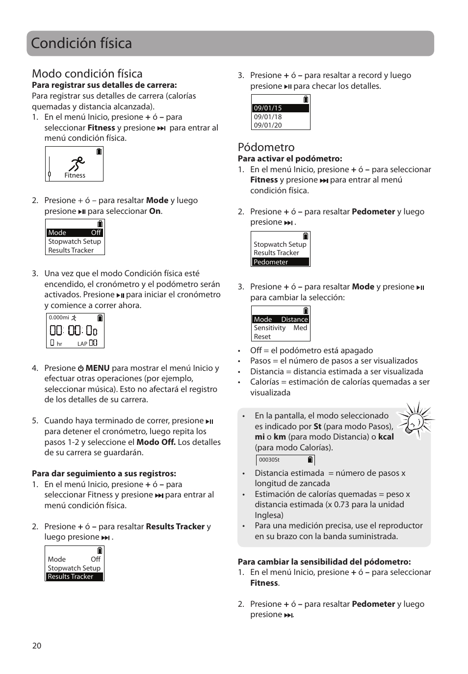 Condición física, Modo condición física, Pódometro | RCA SC2104  EU User Manual | Page 49 / 87