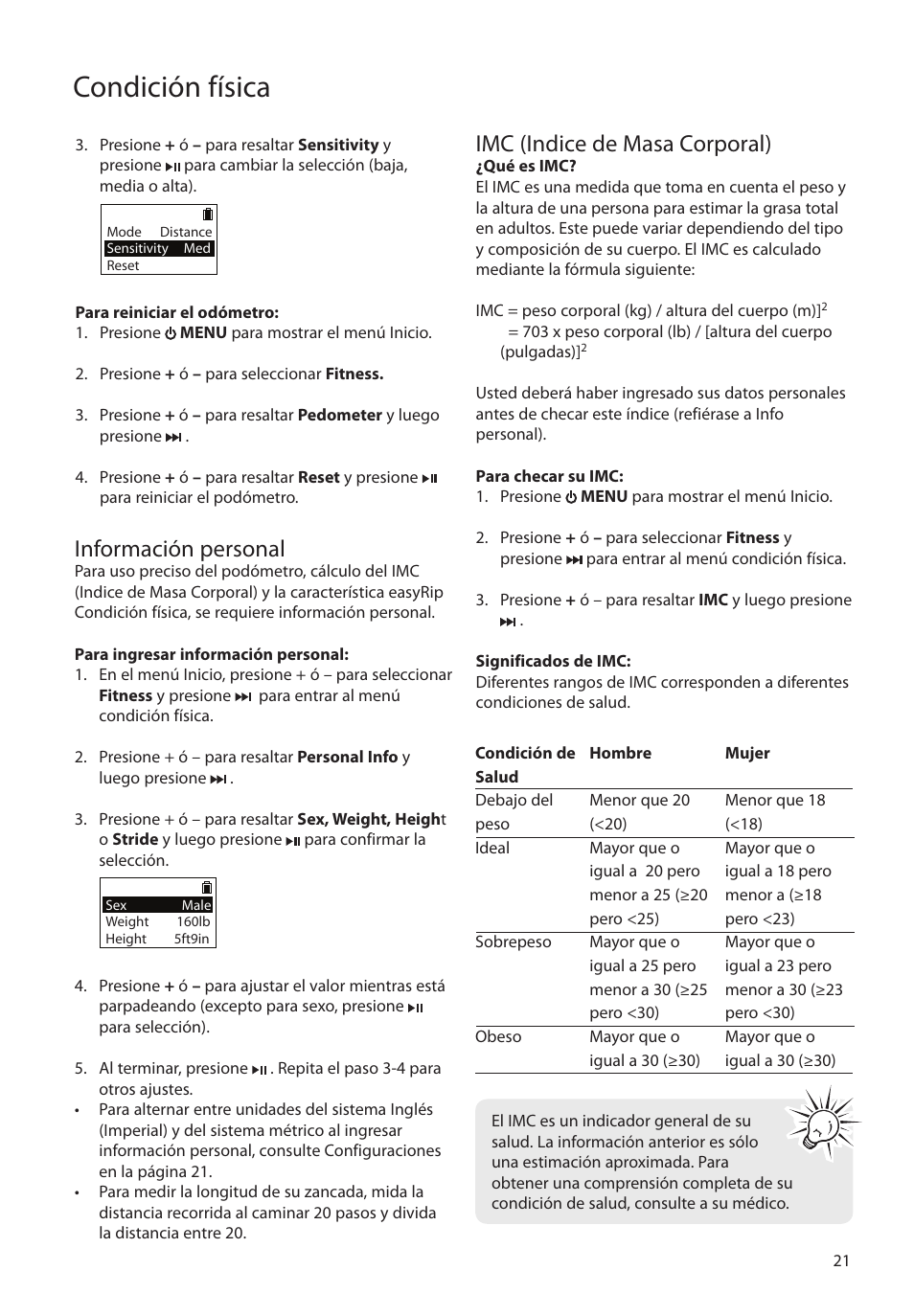Información personal, Imc (indice de masa corporal), Condición física | RCA SC2104  EU User Manual | Page 50 / 87