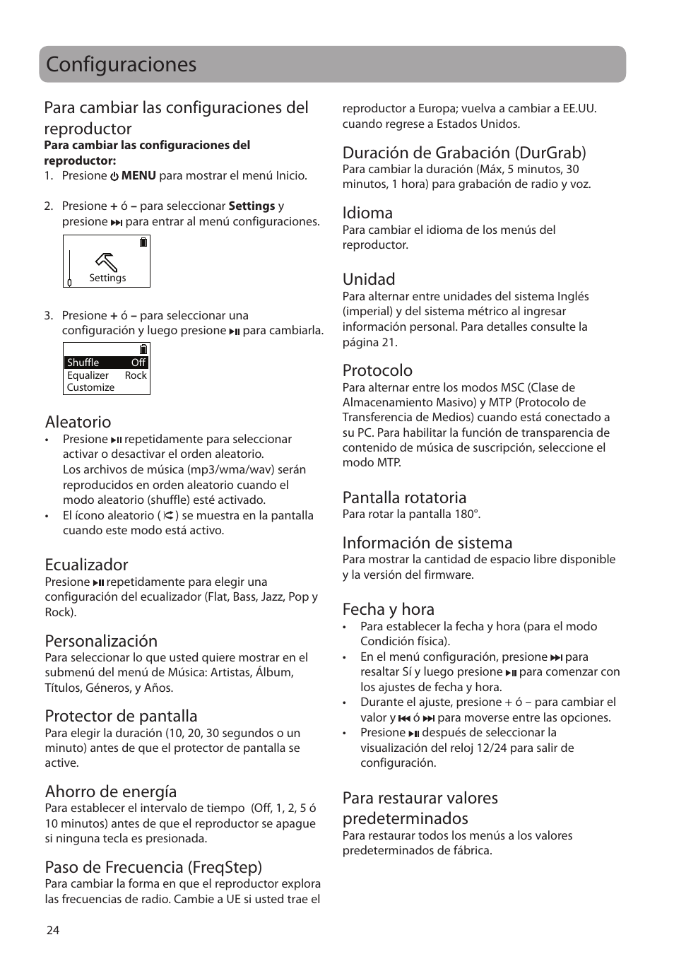 Configuraciones, Para cambiar las configuraciones del reproductor, Aleatorio | Ecualizador, Personalización, Protector de pantalla, Ahorro de energía, Paso de frecuencia (freqstep), Duración de grabación (durgrab, Idioma | RCA SC2104  EU User Manual | Page 53 / 87