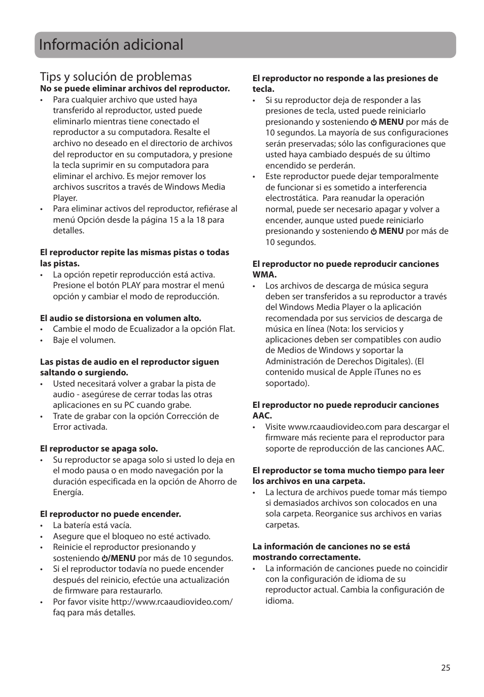 Información adicional, Tips y solución de problemas | RCA SC2104  EU User Manual | Page 54 / 87