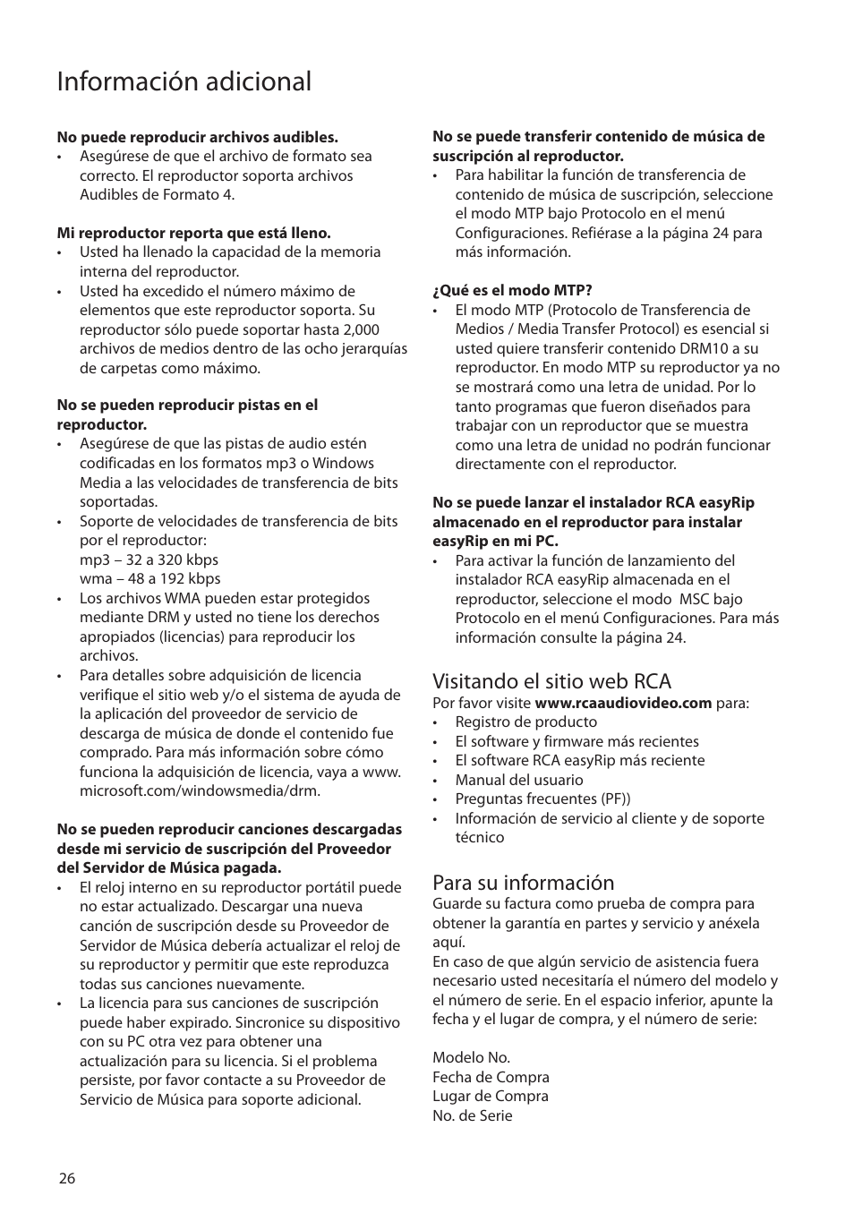 Visitando el sitio web rca, Para su información, Información adicional | RCA SC2104  EU User Manual | Page 55 / 87