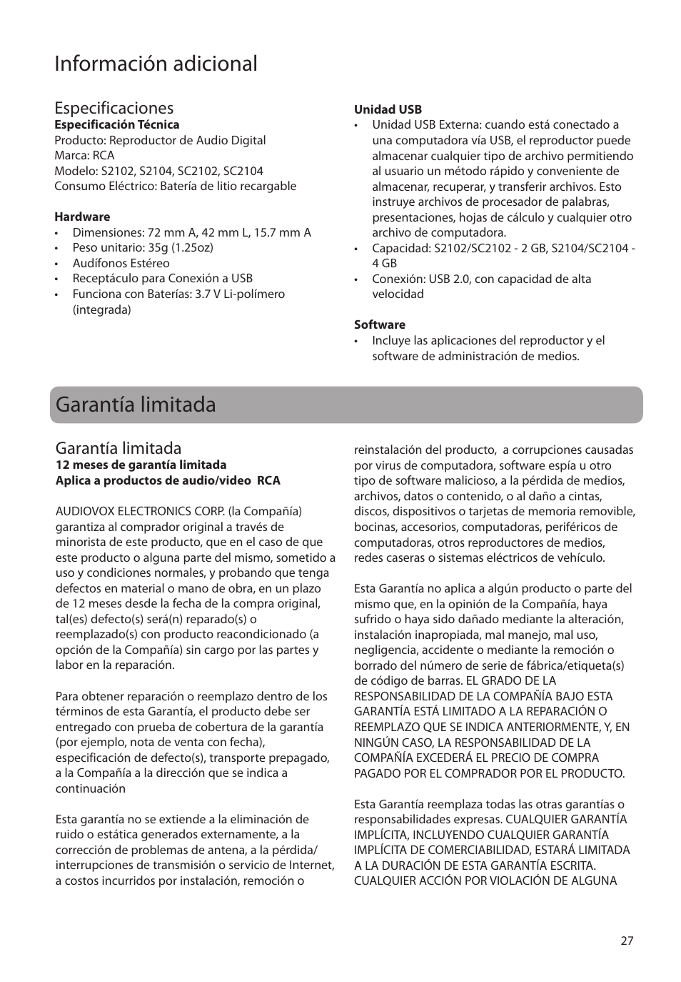 Especificaciones, Garantía limitada, Información adicional | RCA SC2104  EU User Manual | Page 56 / 87