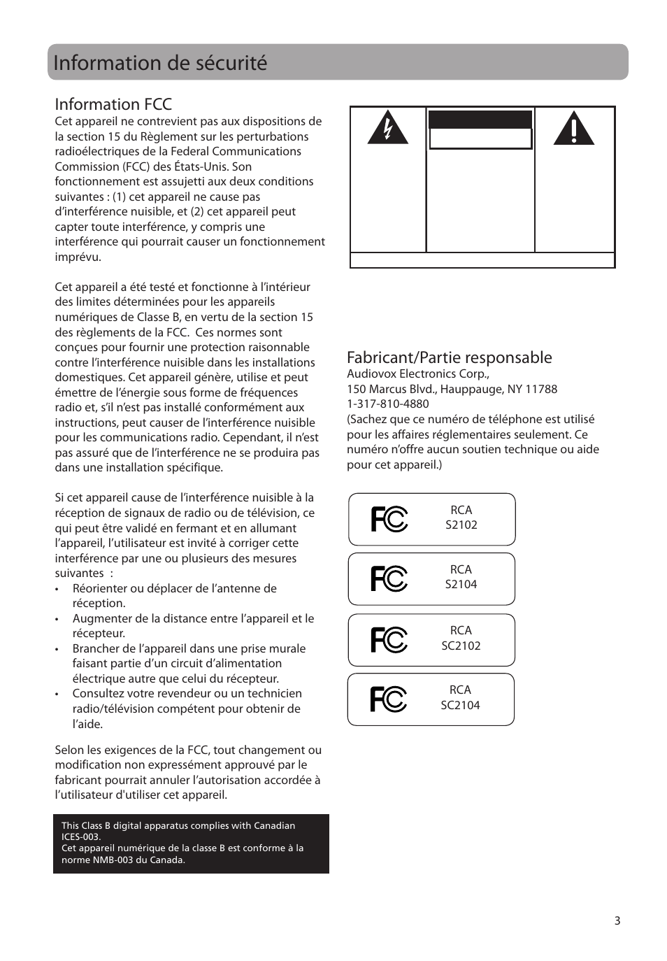 Information de sécurité, Information fcc, Fabricant/partie responsable | Avertissement | RCA SC2104  EU User Manual | Page 61 / 87