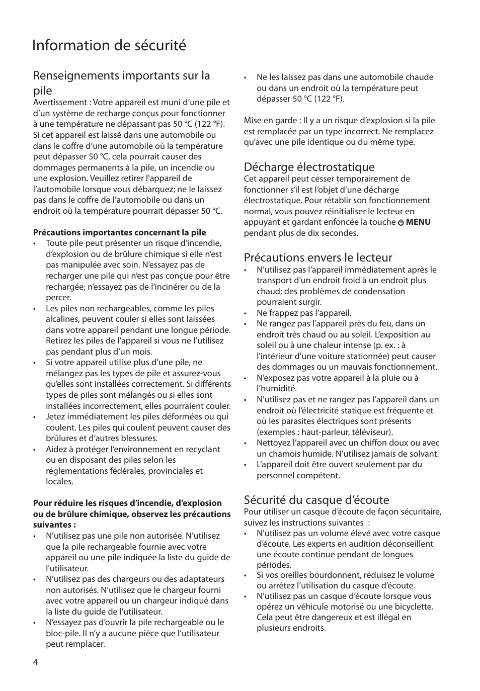 Renseignements importants sur la pile, Décharge électrostatique, Précautions envers le lecteur | Sécurité du casque d’écoute, Information de sécurité | RCA SC2104  EU User Manual | Page 62 / 87