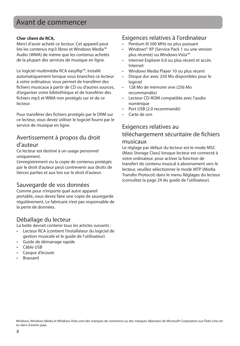 Avant de commencer, Avertissement à propos du droit d’auteur, Exigences relatives à l'ordinateur | Sauvegarde de vos données, Déballage du lecteur | RCA SC2104  EU User Manual | Page 66 / 87