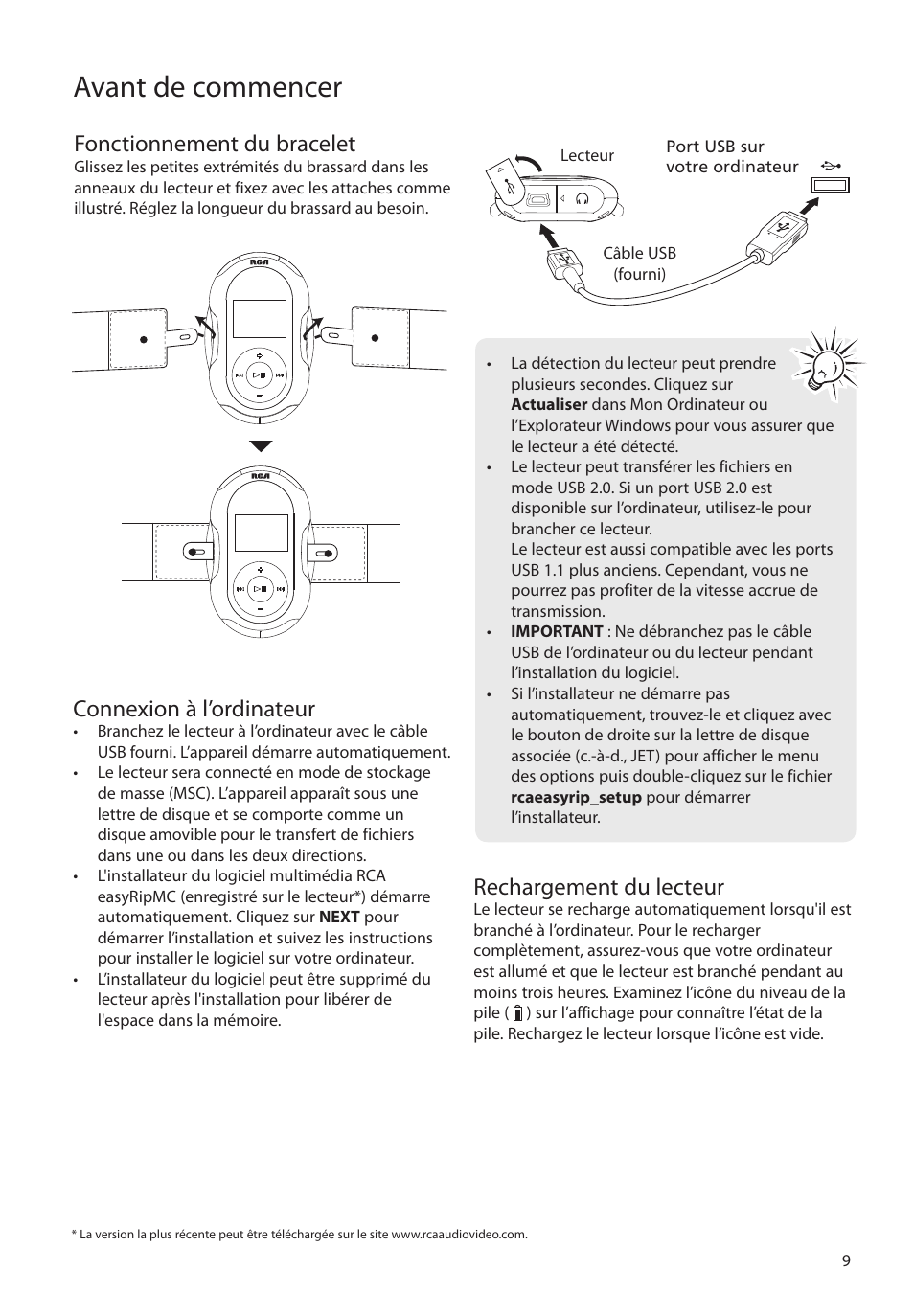 Fonctionnement du bracelet, Connexion à l’ordinateur, Rechargement du lecteur | Avant de commencer | RCA SC2104  EU User Manual | Page 67 / 87