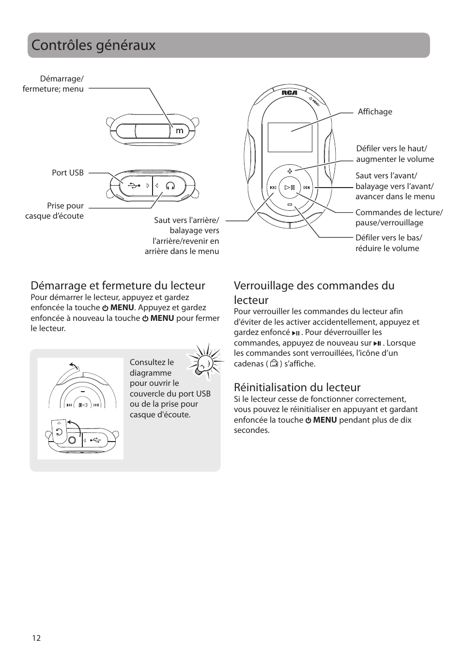 Contrôles généraux, Démarrage et fermeture du lecteur, Verrouillage des commandes du lecteur | Réinitialisation du lecteur | RCA SC2104  EU User Manual | Page 70 / 87