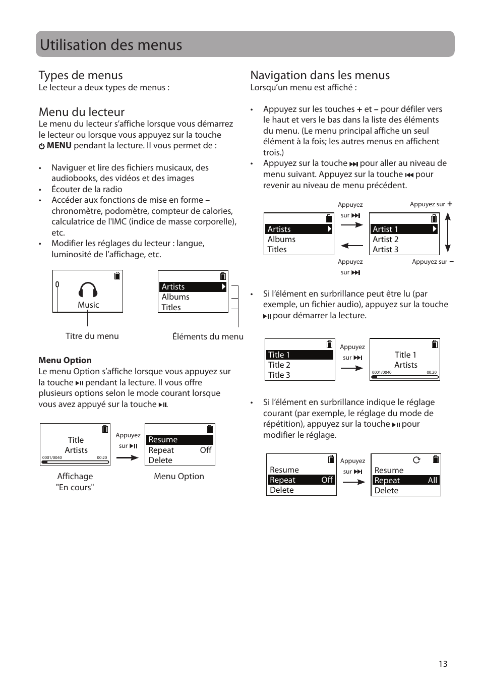 Utilisation des menus, Types de menus, Menu du lecteur | Navigation dans les menus | RCA SC2104  EU User Manual | Page 71 / 87