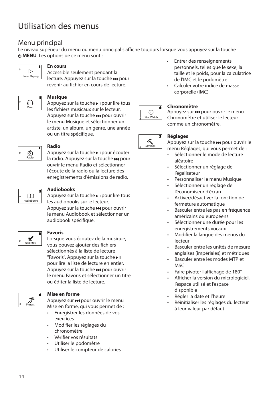 Menu principal, Utilisation des menus | RCA SC2104  EU User Manual | Page 72 / 87