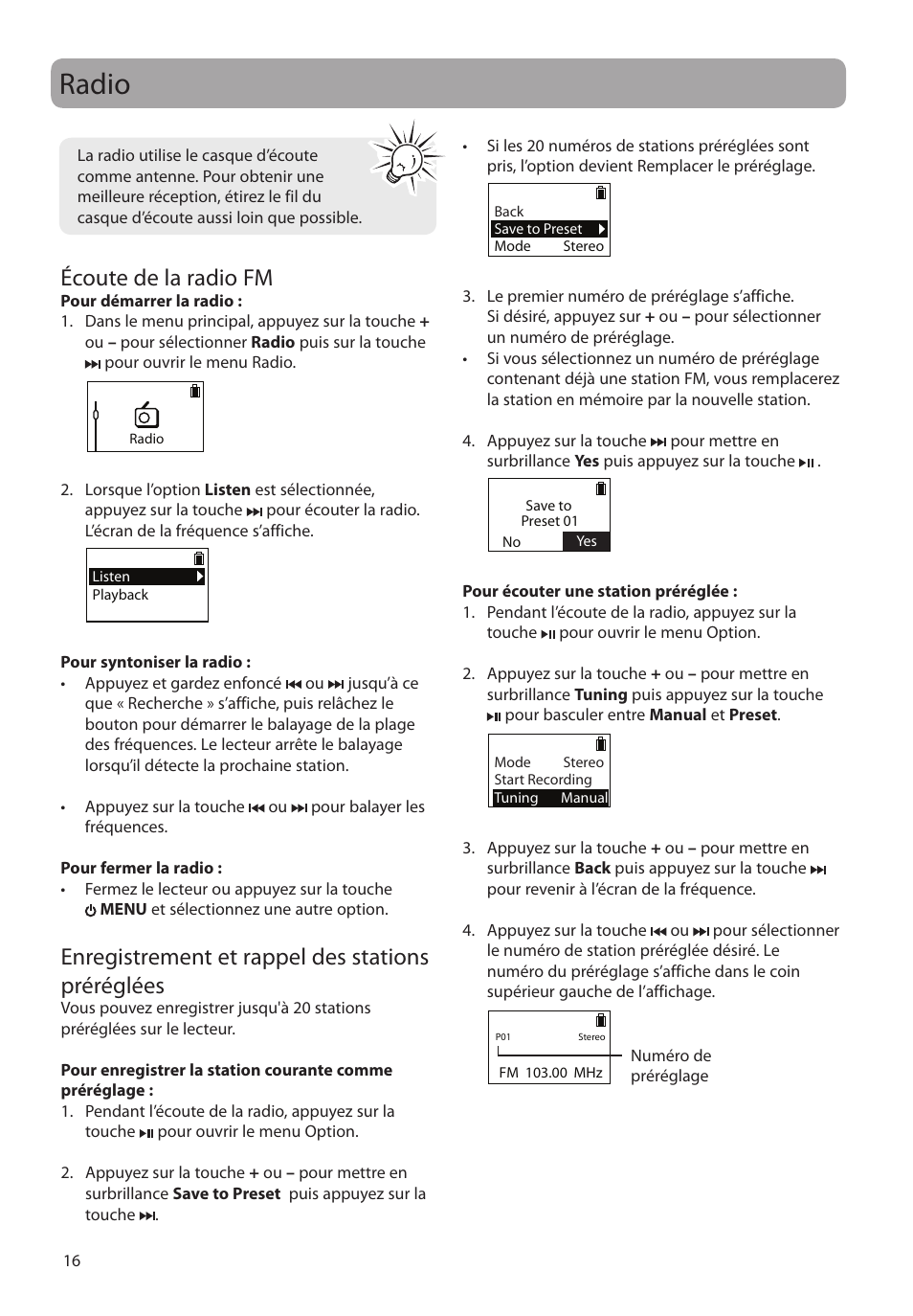 Radio, Écoute de la radio fm, Enregistrement et rappel des stations préréglées | RCA SC2104  EU User Manual | Page 74 / 87