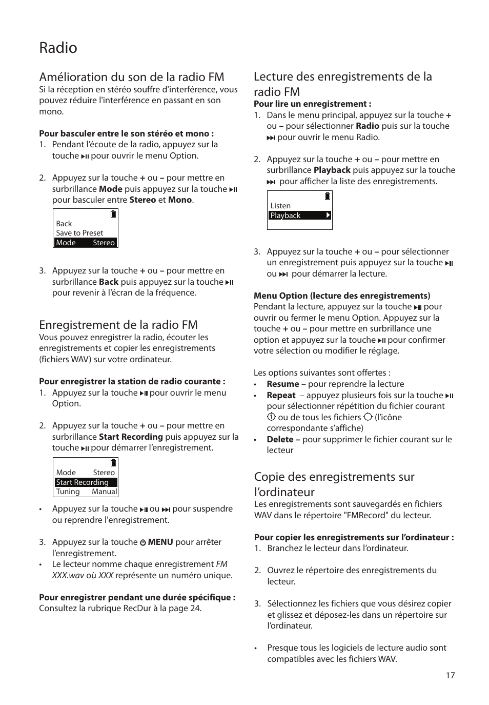 Amélioration du son de la radio fm, Enregistrement de la radio fm, Lecture des enregistrements de la radio fm | Copie des enregistrements sur l’ordinateur, Radio | RCA SC2104  EU User Manual | Page 75 / 87