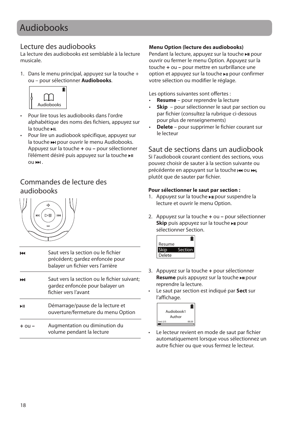 Audiobooks, Lecture des audiobooks, Commandes de lecture des audiobooks | Saut de sections dans un audiobook | RCA SC2104  EU User Manual | Page 76 / 87