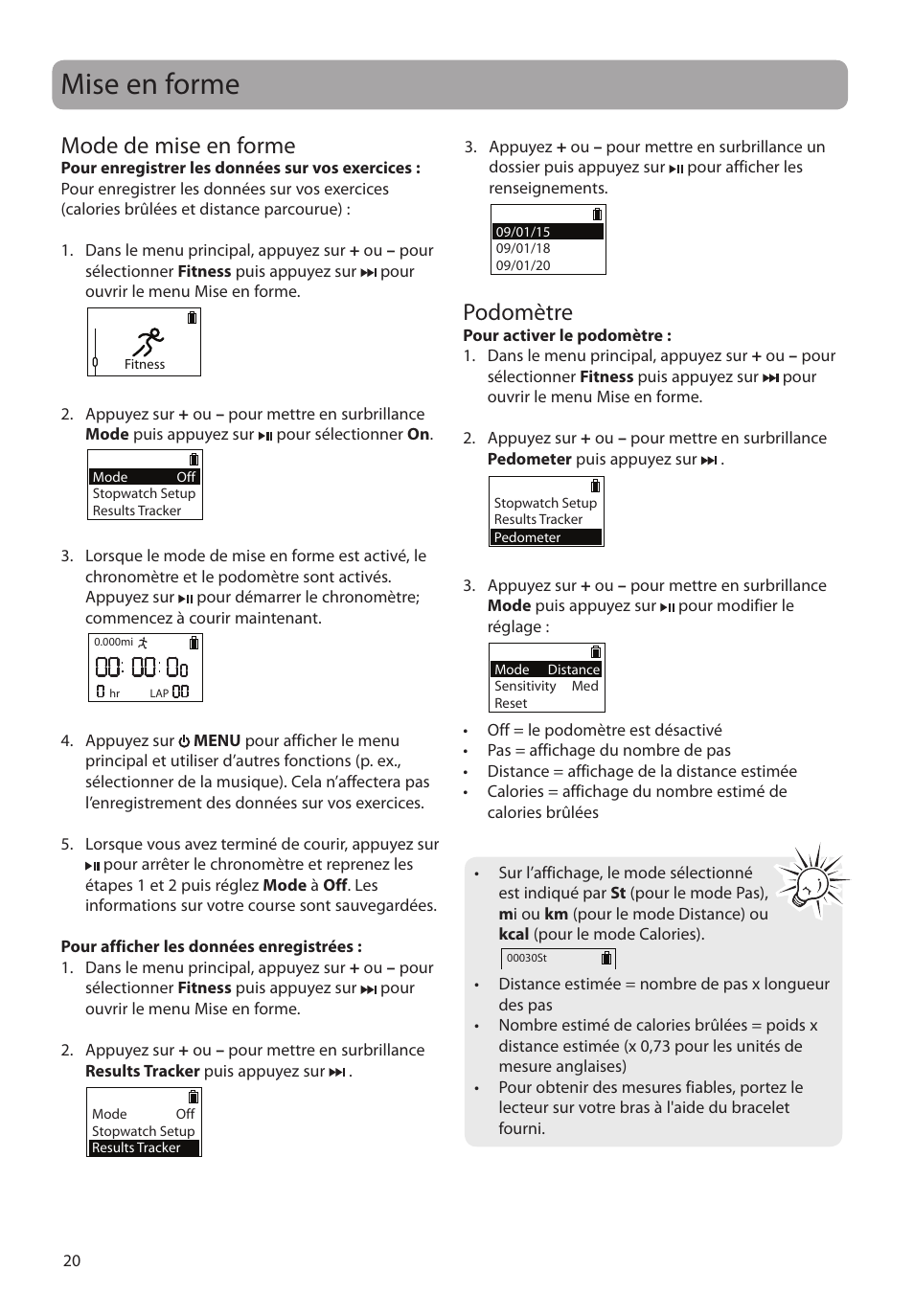 Mise en forme, Mode de mise en forme, Podomètre | RCA SC2104  EU User Manual | Page 78 / 87