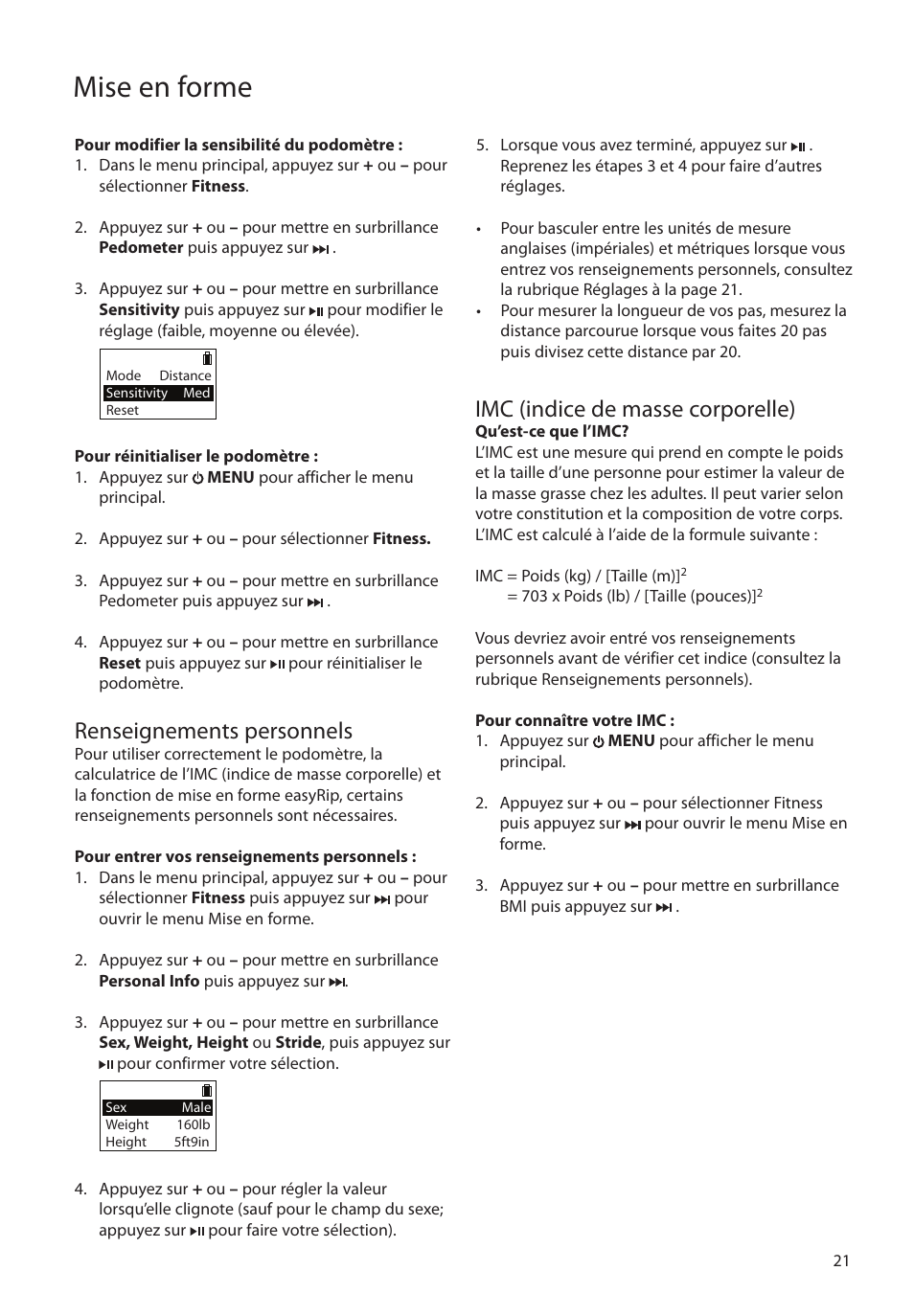 Renseignements personnels, Imc (indice de masse corporelle), Mise en forme | RCA SC2104  EU User Manual | Page 79 / 87