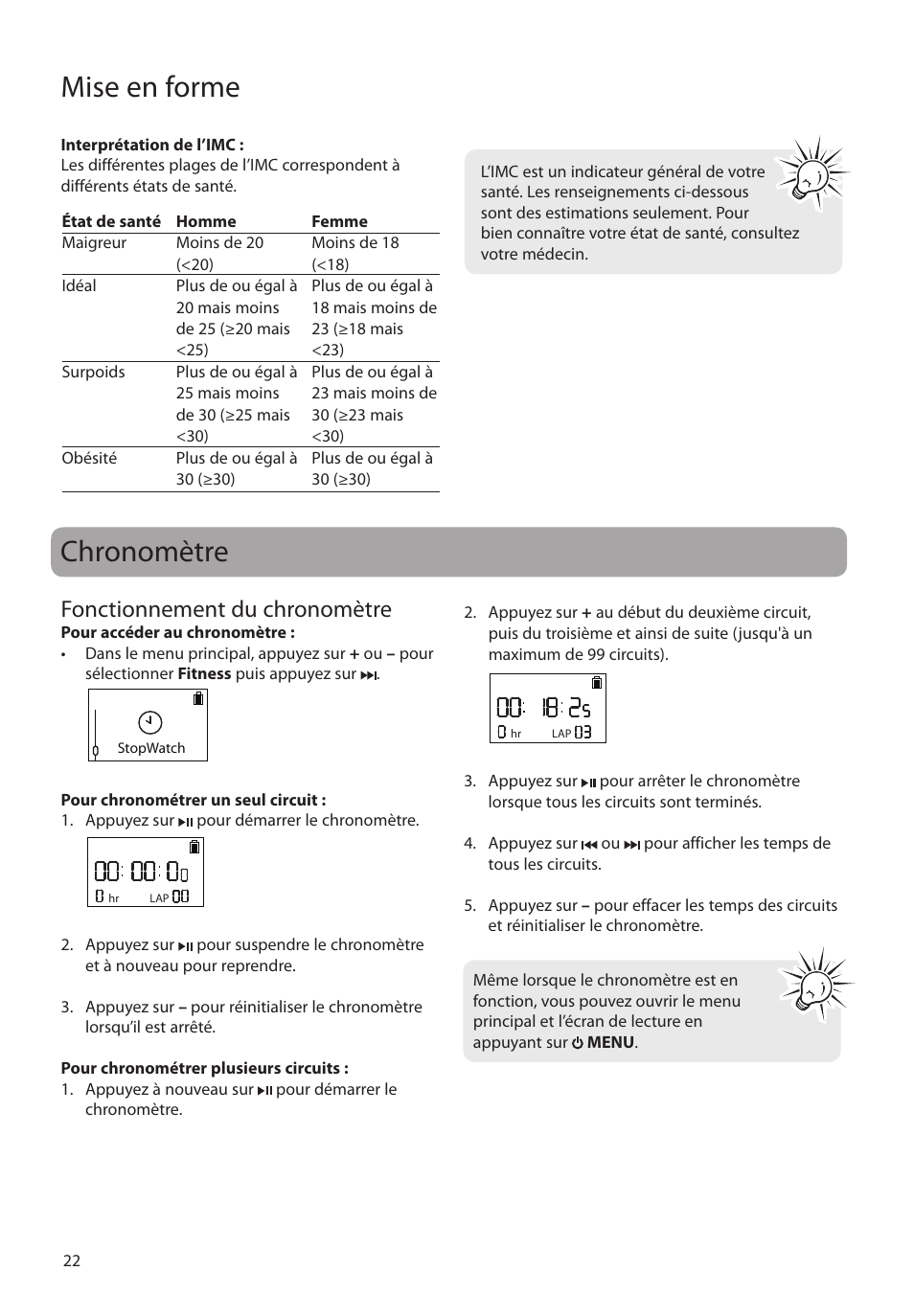 Chronomètre, Fonctionnement du chronomètre, Mise en forme | RCA SC2104  EU User Manual | Page 80 / 87