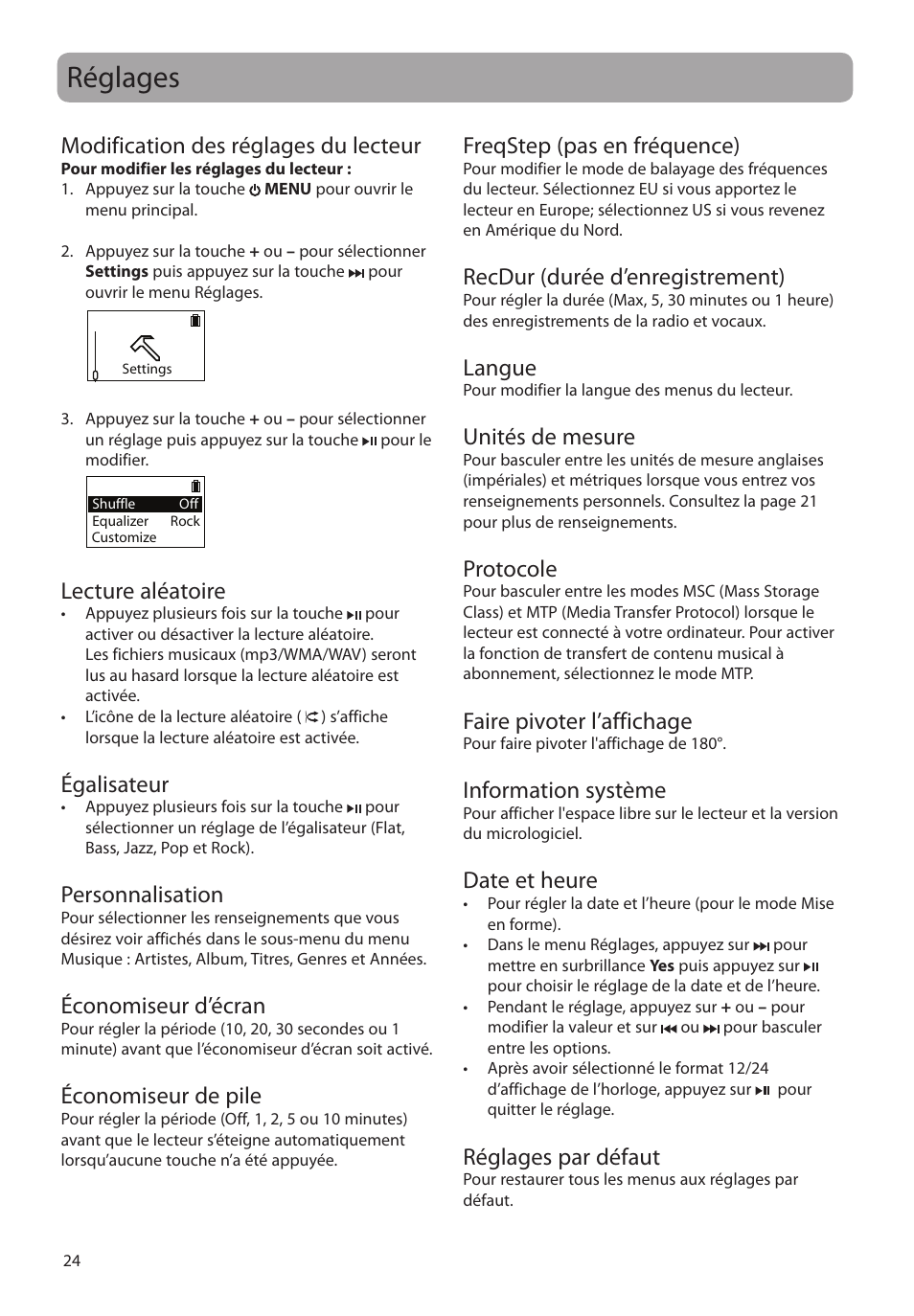 Réglages, Modification des réglages du lecteur, Lecture aléatoire | Égalisateur, Personnalisation, Économiseur d’écran, Économiseur de pile, Freqstep (pas en fréquence), Recdur (durée d’enregistrement), Langue | RCA SC2104  EU User Manual | Page 82 / 87