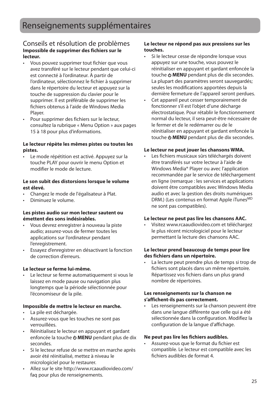 Renseignements supplémentaires, Conseils et résolution de problèmes | RCA SC2104  EU User Manual | Page 83 / 87