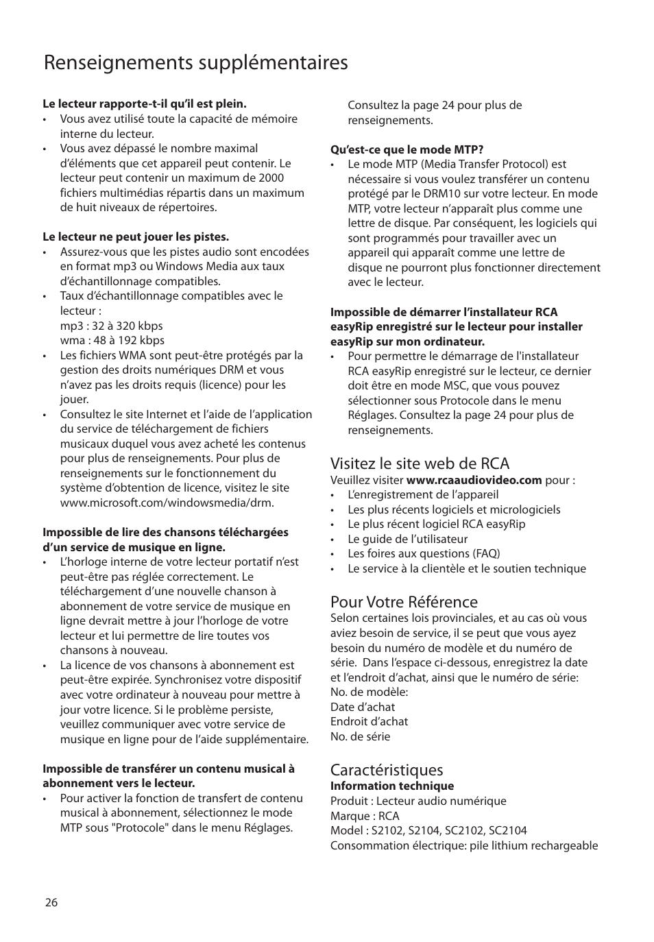 Visitez le site web de rca, Pour votre référence, Caractéristiques | Renseignements supplémentaires | RCA SC2104  EU User Manual | Page 84 / 87