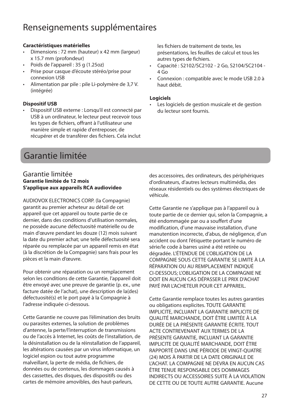 Garantie limitée, Renseignements supplémentaires | RCA SC2104  EU User Manual | Page 85 / 87