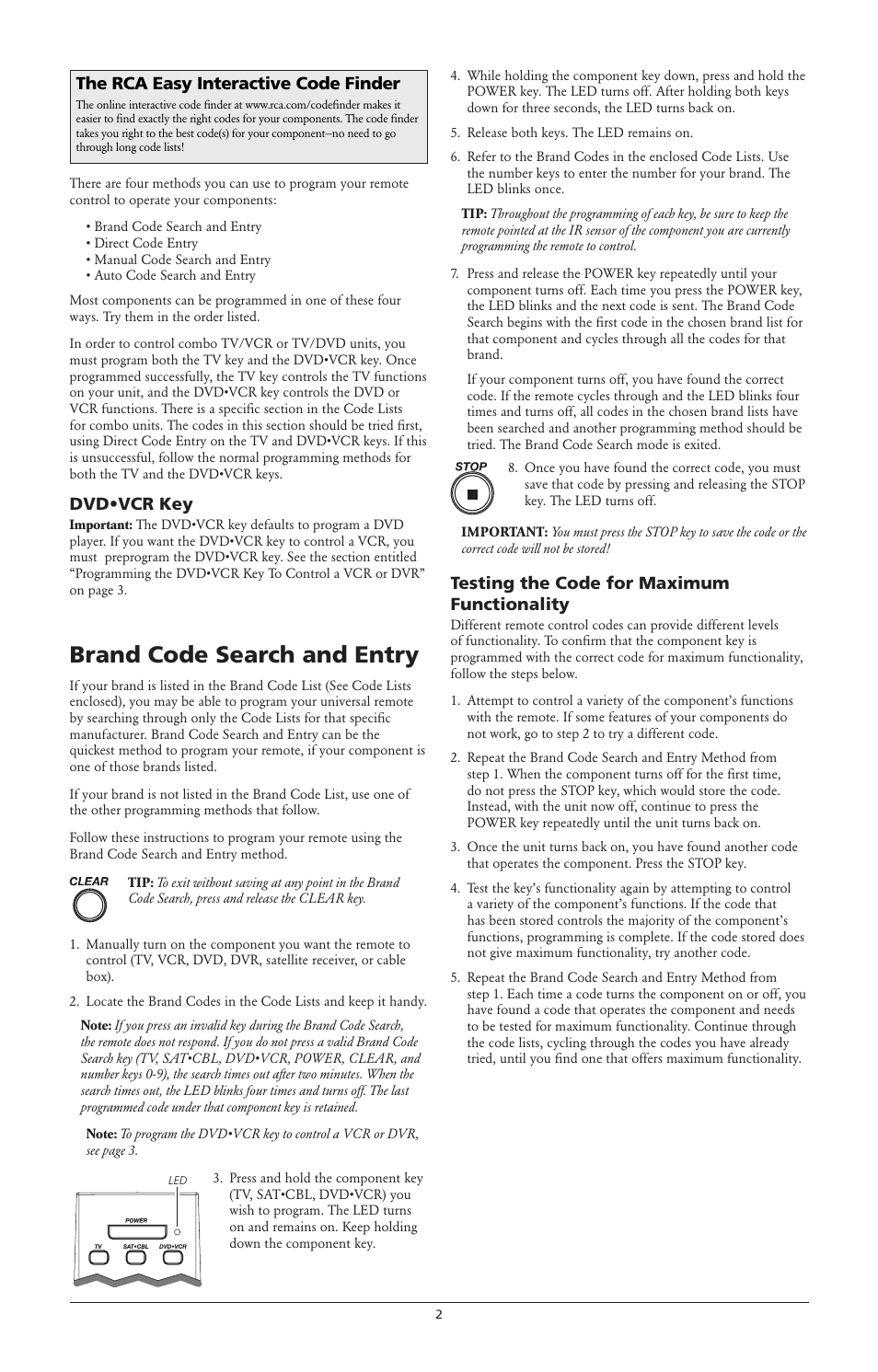 Brand code search and entry, Dvd•vcr key, Testing the code for maximum functionality | The rca easy interactive code finder | RCA RCR-3283 User Manual | Page 2 / 6