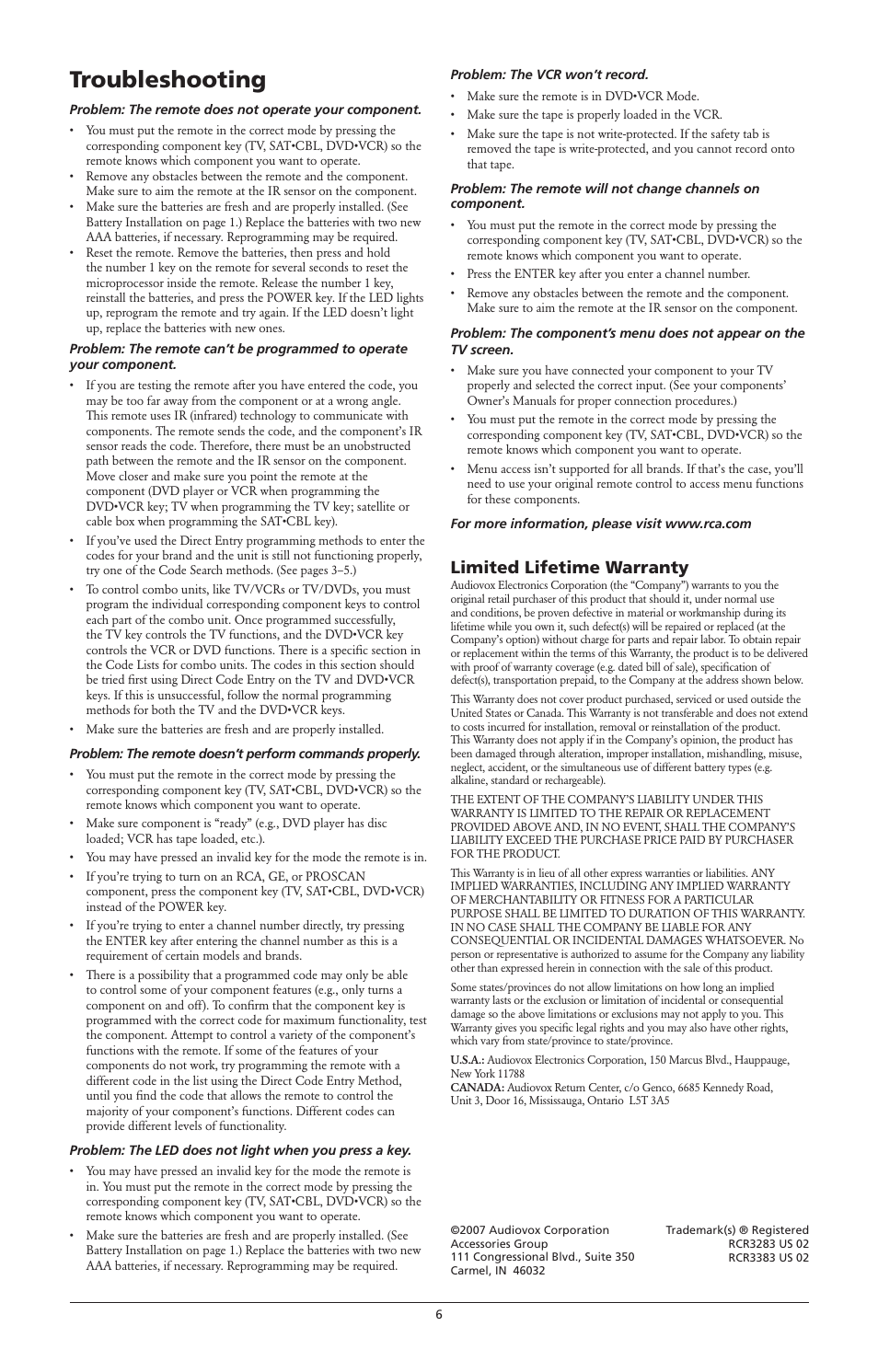 Troubleshooting, Limited lifetime warranty | RCA RCR-3283 User Manual | Page 6 / 6