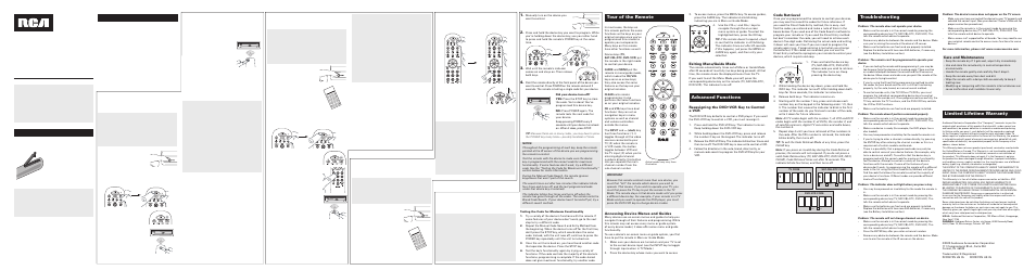 Care and maintenance, Reassigning the dvd•vcr key to control a vcr, Code retrieval | Accessing device menus and guides, Exiting menu/guide mode | RCA RCR3273N User Manual | Page 2 / 4