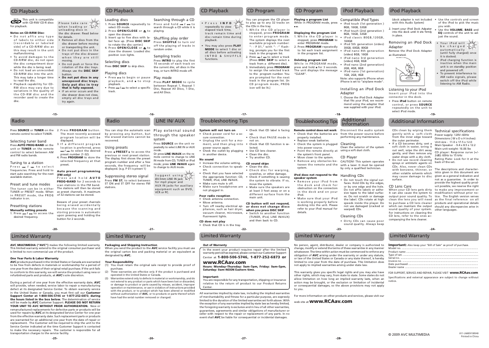 Cd playback, Cd program, Ipod playback | Radio, Radio line in/ aux, Troubleshooting tips, Troubleshooting tips additional information, Additional information, Limited warranty | RCA RS2768i User Manual | Page 2 / 2